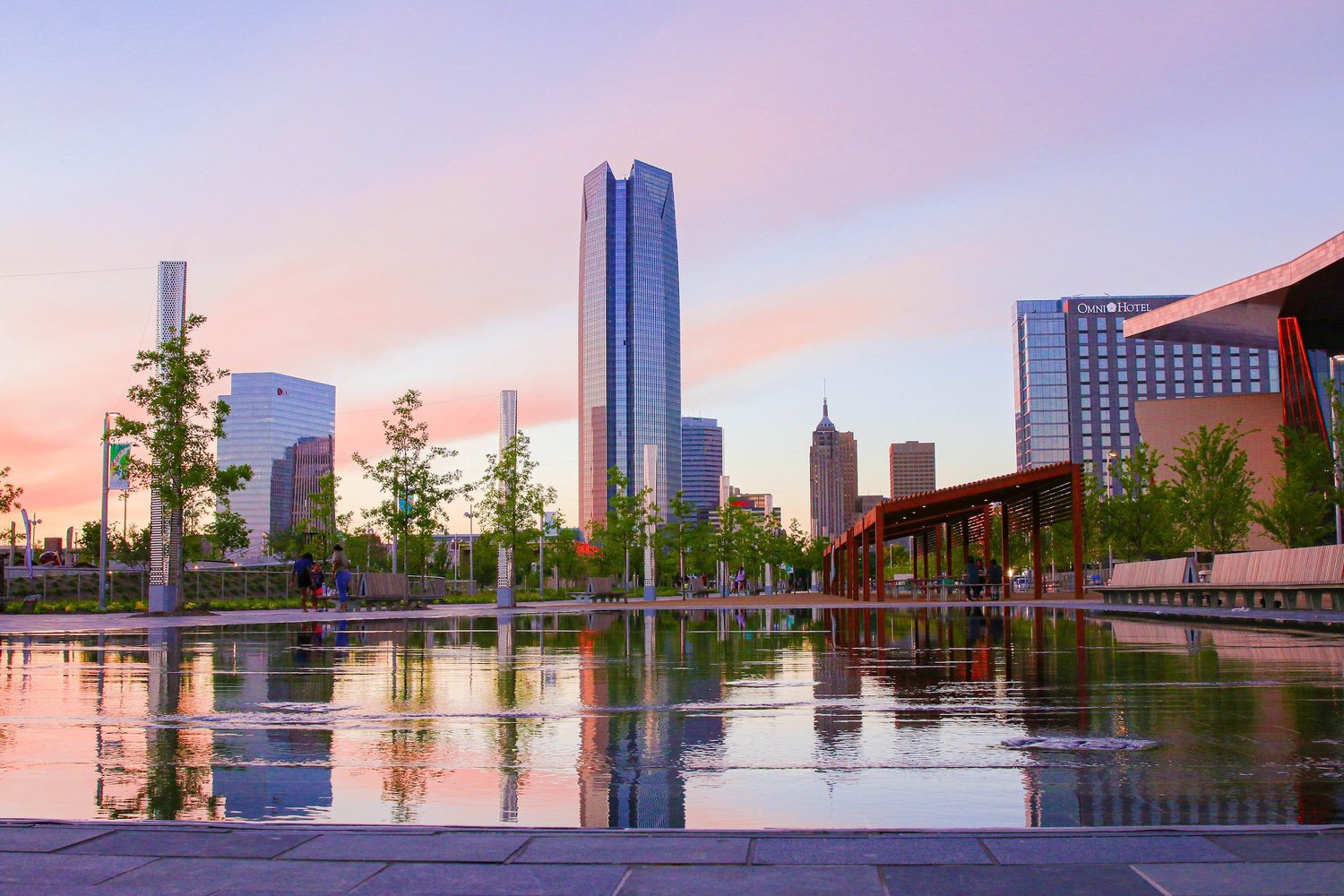 Oklahoma City skyline and Scissortail Park at sunset